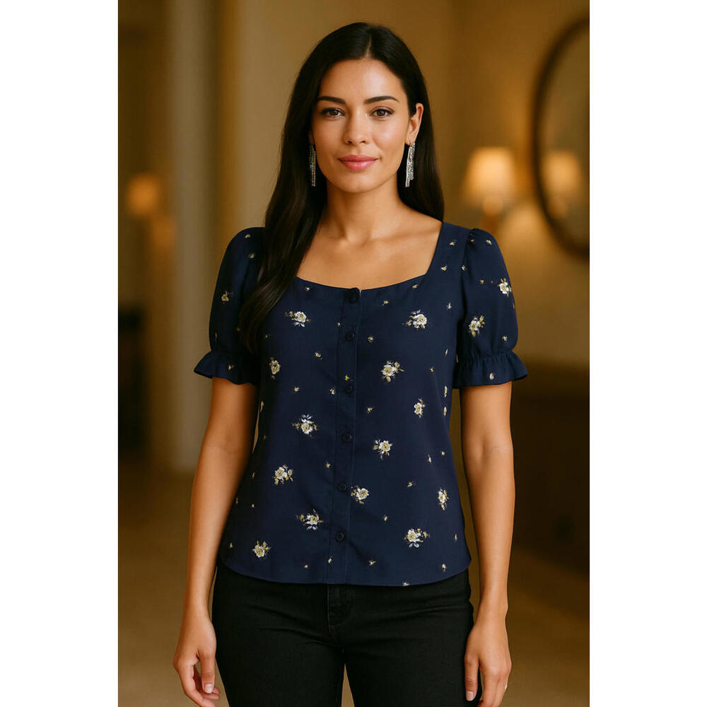 Elodie Women's Size XS Navy Blue Floral Puff Sleeve Button Up Blouse Top NWT A10